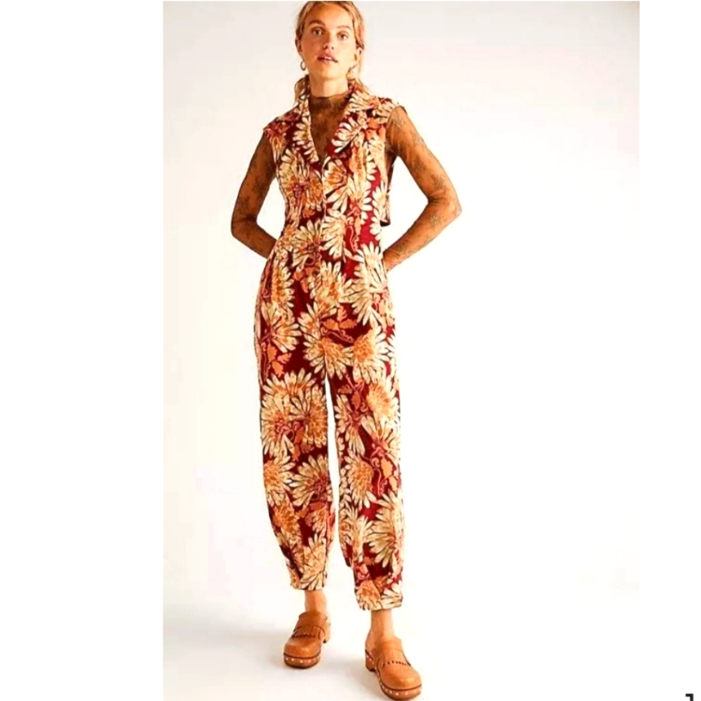 Free People Shasta Print Corduroy Shortsleeve Jumpsuit Floral Back Out Wide Leg - Picture 3 of 17